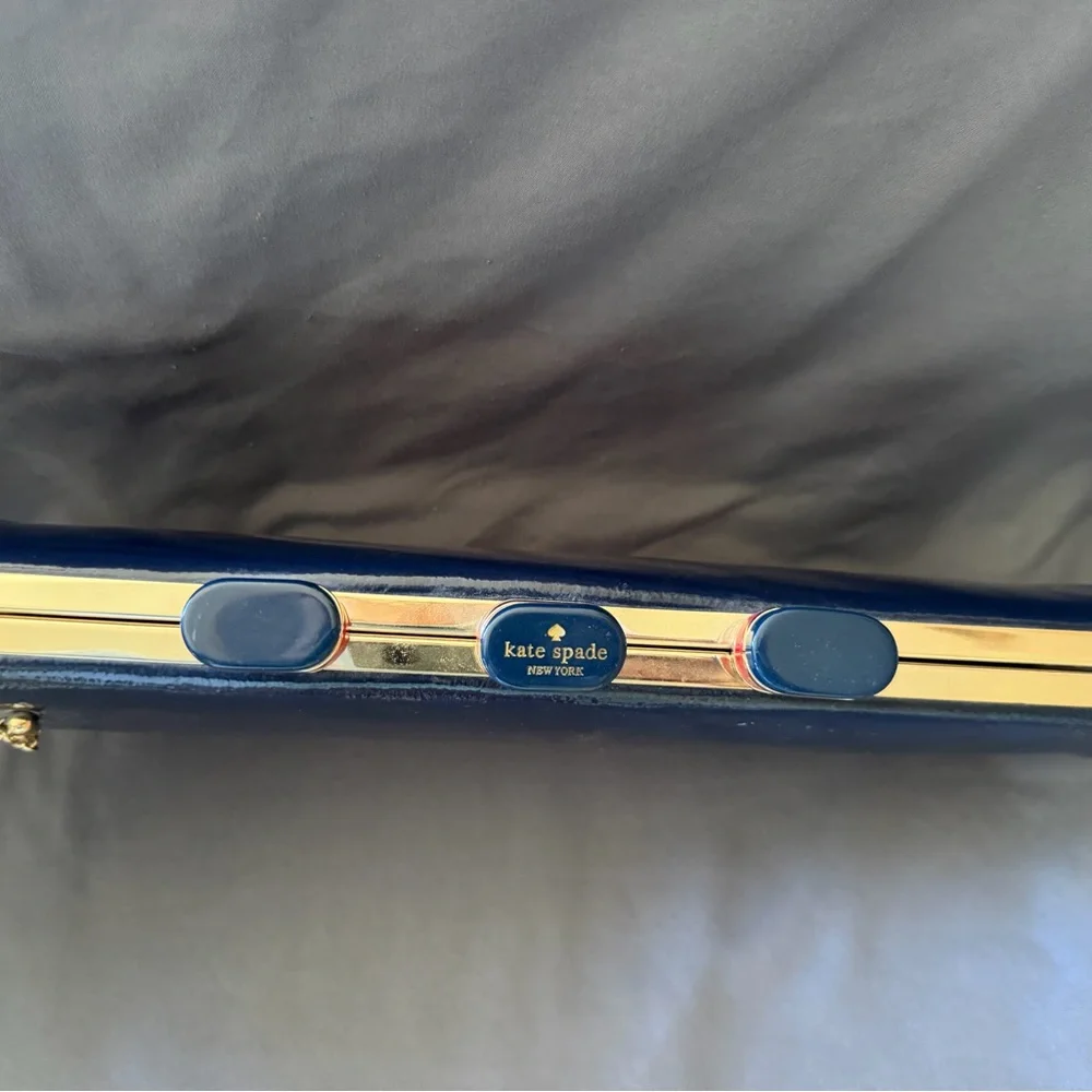 Kate Spade New York Navy Patent Clutch Clasp w/ Striped Lining novelty ship